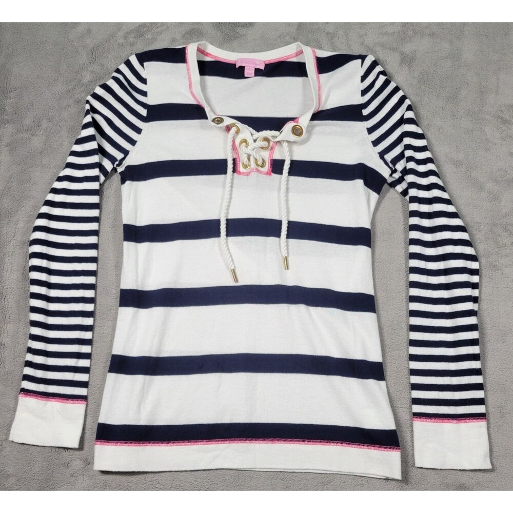 Striped Lace-Up Women's Sweater - Navy & White with Pink Trim